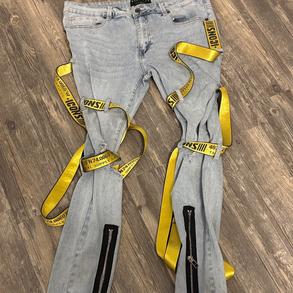 Men's Light Blue Jeans with Yellow Accents
